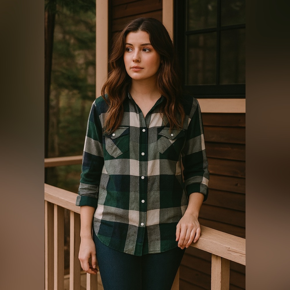 Green Gray Plaid Button Down Shirt L Y2K Cabincore Coastal Cowgirl Soft Grunge